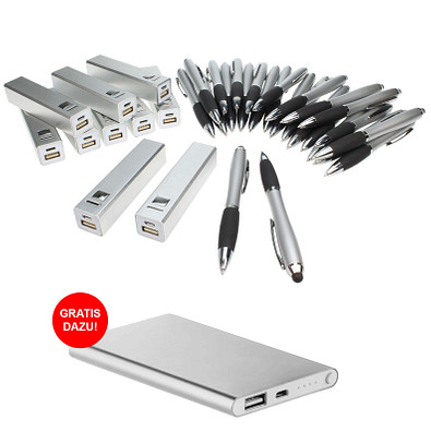 Werbe-Sparset: Powerbank 4.000 mAh, Touch-Kugelschreiber, 211-tlg., inkl. Druck, blaue Mine, silber Werbe-Sparset: Powerbank 4.000 mAh, Touch-Kugelschreiber, 211-tlg., inkl. Druck, blaue Mine, silber