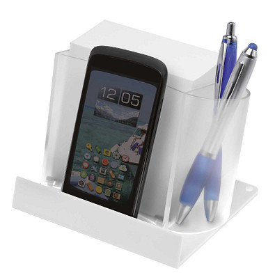 Smartphone-/Tabletständer mit Zettelbox, transparent/weiß
