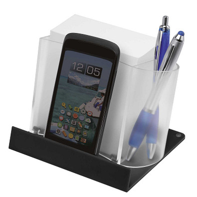 Smartphone-/Tabletständer mit Zettelbox, transparent/schwarz