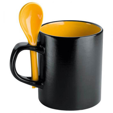 Keramiktasse mit Löffel, Scharz/Gelb Keramiktasse mit Löffel, Scharz/Gelb