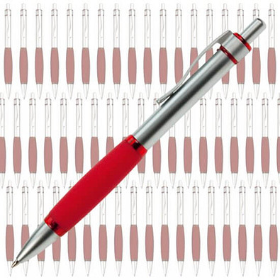 Werbe-Set: 100 LANCE®  Metall-Kugelschreiber Rubber-Grip, inkl. Druck, blaue Mine, silber/rot