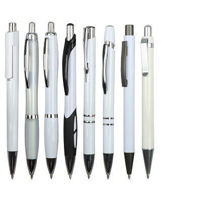 Muster-Set Kunststoff Kugelschreiber Weiß, 8 Modelle, weiß