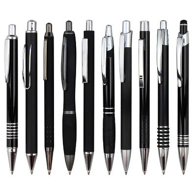 Muster-Set Metall Kugelschreiber Schwarz mit Metall-Großraummine, 10 Modelle