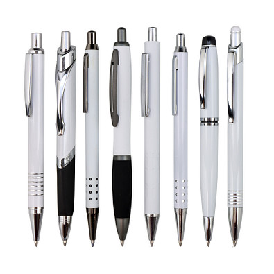 Muster-Set Metall Kugelschreiber Weiß mit Metall-Großraummine, 8 Modelle
