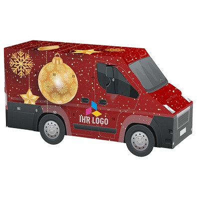 Adventskalender Transporter, Alpenmilch-Schokotäfelchen, Christbaumkugeln Gold
