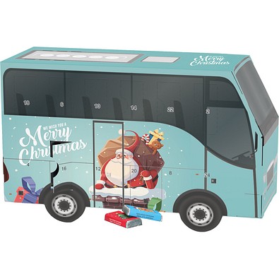 Adventskalender Bus, Alpenmilch-Schokotäfelchen, Weihnachtsmann im Kamin