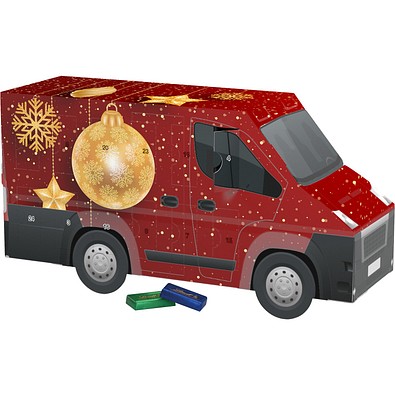 Adventskalender Transporter, Lindt Schokotäfelchen, Christbaumkugeln Gold