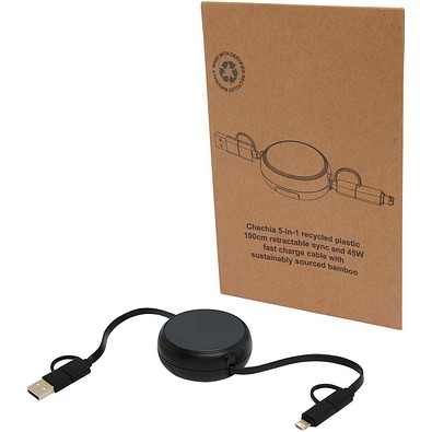 Alasia 100 cm 5-in-1 Kabel aus recyceltem Kunststoff und Aluminium, einziehbar, für Datenübertragung und mit 45W Schnellladung, schwarz