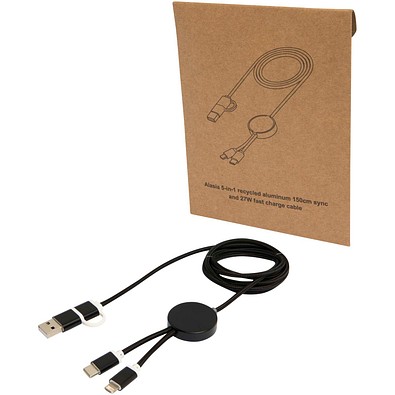 Alasia 150 cm 5-in-1 Kabel aus recyceltem Kunststoff für Datenübertragung und 27W Schnellladung, schwarz