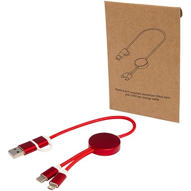 Alasia 30 cm 5-in-1 Kabel aus recyceltem Kunststoff für Datenübertragung und 27W Schnellladung, rot