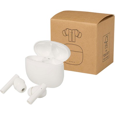 Alterf True Wireless Bluetooth® Headset aus recyceltem Kunststoff mit Silikon-Ohrstöpseln, weiss