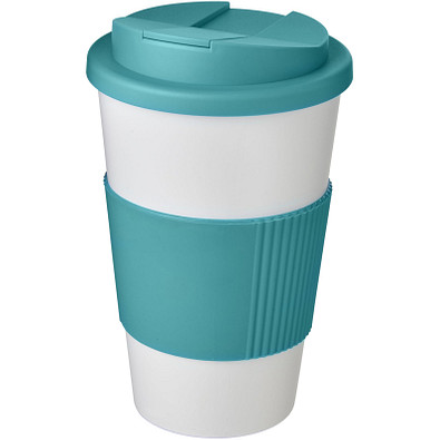 Americano® 350 ml Isolierbecher mit Schutzring & auslaufsicherem Schraubverschluss, weiß/aquablau