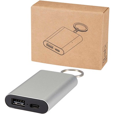 Arcturus 2000 mAh Powerbank aus recyceltem Aluminium mit Schlüsselanhänger, silber
