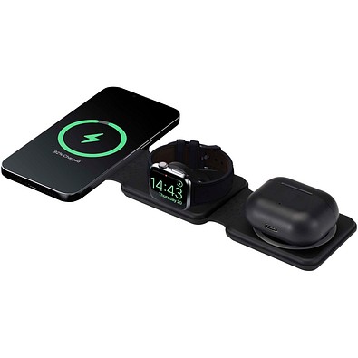 Armus 15 W 3-in-1 zusammenklappbares kabelloses Ladegerät aus recyceltem Kunststoff, schwarz