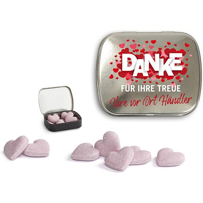 Brauseherzen in Mini Nostalgiedose, 16 g, blank, inkl. Druck