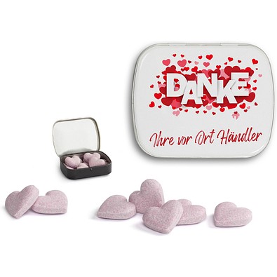 Brauseherzen in Mini Nostalgiedose, 16 g, weiß, inkl. Druck
