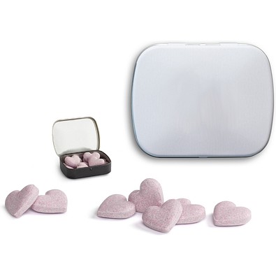 Brauseherzen in Mini Nostalgiedose, 16 g, weiß-matt, ohne Druck