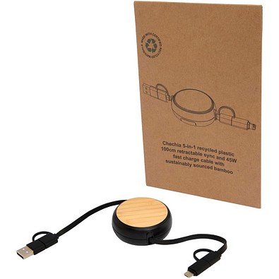 Chechia 100cm 5-in-1 Kabel aus recyceltem Kunststoff, einziehbar, für Datenübertragung und 45W Schnellladung mit Bambusdetails, schwarz