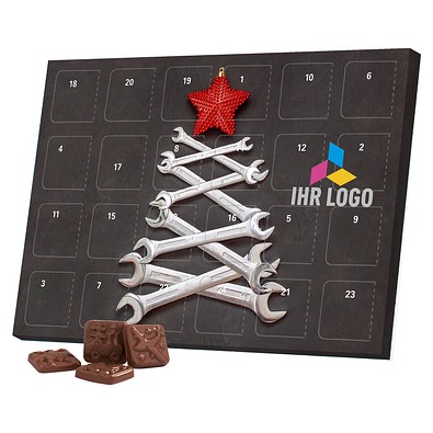Classic Tisch Adventskalender, Blister gefüllt mit kakaofreier Schokoladen-Alternative, Schraubenschlüssel-Tanne