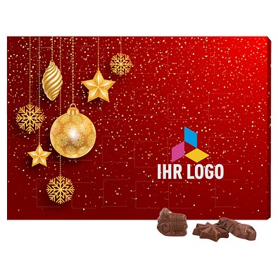 Classic Wand Adventskalender, Querformat, gefüllt mit Friedel Schokolade, Christbaumkugeln Gold