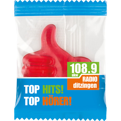 Trolli Fruchtgummi, inkl. Druck, 1er Daumen, transparente Folie Trolli Fruchtgummi, inkl. Druck, 1er Daumen, transparente Folie