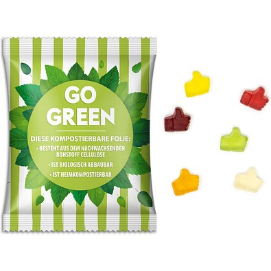 Fruchtgummi Standardformen, 15 g, Daumen hoch, transparente kompostierbare Folie, inkl. Druck
