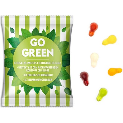 Fruchtgummi Standardformen, 15 g, Glühbirne, weiße kompostierbare Folie, inkl. Druck