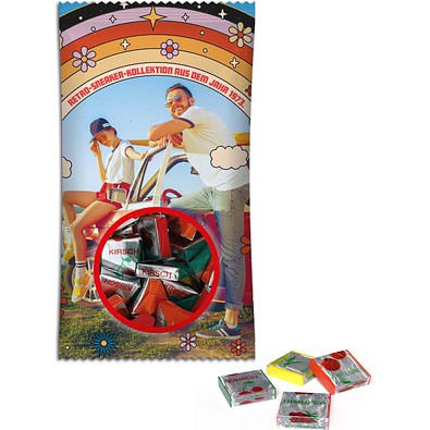 Fruchtkaramellen im Werbetütchen, 100 g, transparente kompostierbare Folie, inkl. Druck