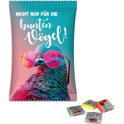 Fruchtkaramellen im Werbetütchen, 50 g, transparente kompostierbare Folie, inkl. Druck