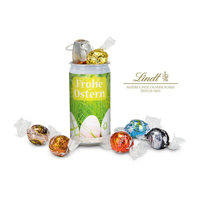 Lindt-Geheimnis Ostern, das Nest in der Dose, Etikett Frohe Ostern - Eierwiese