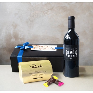Geschenkset Goldrausch, Black Print, Blaue Schleife, inkl. Druck