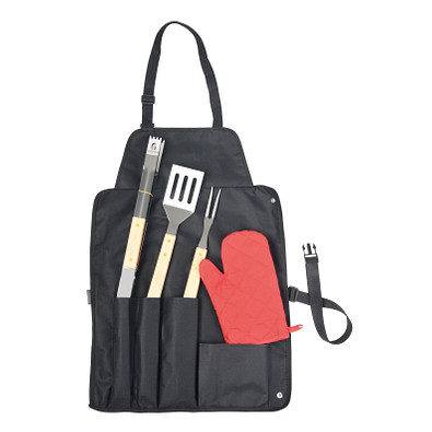 Grill-Schürze mit Grillbesteck GREAT BBQ,rot, schwarz, silber