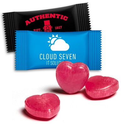 Herzbonbons im Flowpack, 3 g, Himbeerbonbon, Folie transparent, inkl. Druck