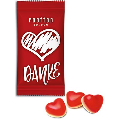 Himbeer-Herzen im Flowpack, 7 g, Folie transparent, inkl. Druck