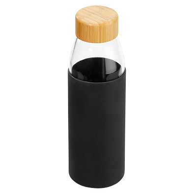 Hitzebeständige Glas-Trinkflasche 0,5 l mit Bambusdeckel, Silikonmanschette und Geschenkbox