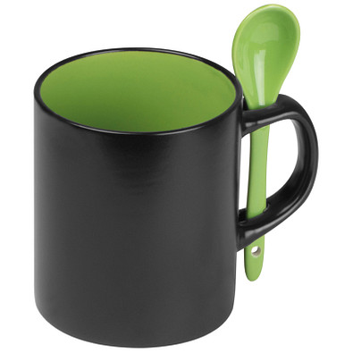Keramiktasse mit Löffel, schwarz/grün Keramiktasse mit Löffel, schwarz/grün