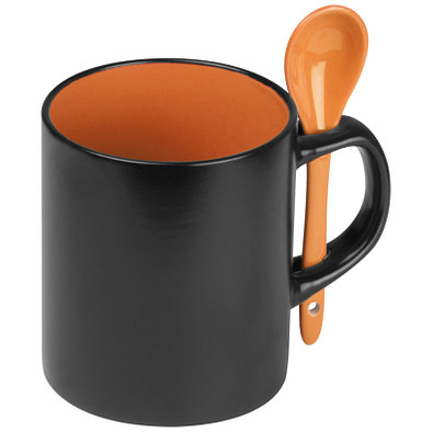 Keramiktasse mit Löffel, Schwarz/Orange Keramiktasse mit Löffel, Schwarz/Orange