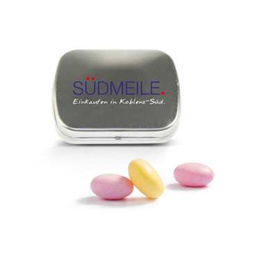 Klapp Dose, mentos® Kaudragee Mint, inkl. Druck, silberne Dose