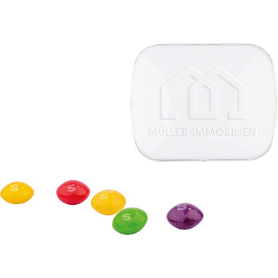 Klapp Dose Skittles Kaubonbons, inkl. Prägung, weiße Dose Klapp Dose Skittles Kaubonbons, inkl. Prägung, weiße Dose