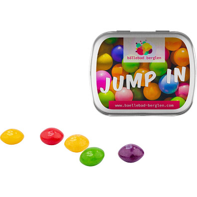 Klapp Dose, Skittles Kaubonbons, inkl. Druck, silberne Dose Klapp Dose, Skittles Kaubonbons, inkl. Druck, silberne Dose