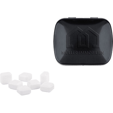 Klapp Dose, inkl. Prägung, Traubenzuckerquadrate, schwarze Dose Klapp Dose, inkl. Prägung, Traubenzuckerquadrate, schwarze Dose