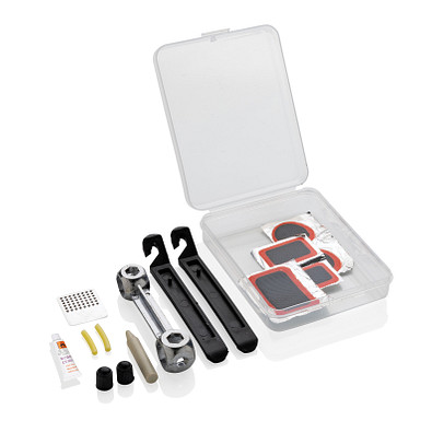Kompaktes Fahrradreparaturset, transparent, schwarz