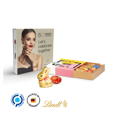 Lindt Präsent im Werbeschuber, Kleine Kostbarkeiten Goldhase, inkl. Druck