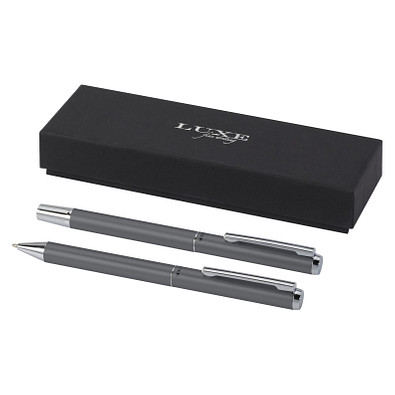 Lucetto Geschenkset mit Kugelschreiber und Tintenroller aus recyceltem Aluminium, grau