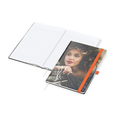 Geiger-Notes Notizbuch Match-Book White A4 Bestseller, inkl. Digitaldruck auf Einband, matt, orange