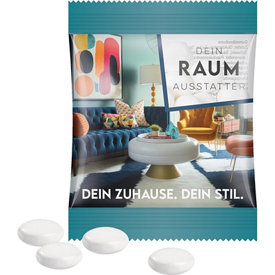 Minitüte, 8 g, Folie weiß mit ca. 50% Papieranteil, Mentos Kaudragee Mint, inkl. Druck