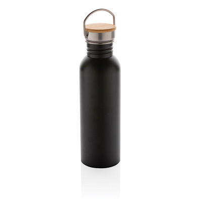 Moderne Stainless-Steel Flasche mit Bambusdeckel, schwarz