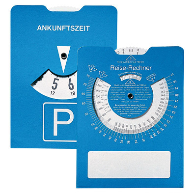 Papp-Parkscheibe Reise-Rechner, blau