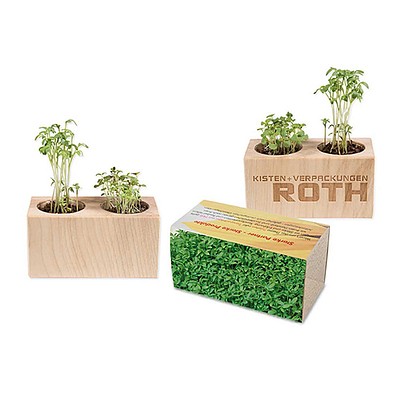 Pflanz-Holz 2er Set mit Samen, Gartenkresse, 1-seit. Druck