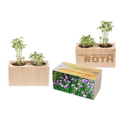 Pflanz-Holz 2er Set mit Samen, Schnittlauch, 1-seit. Druck